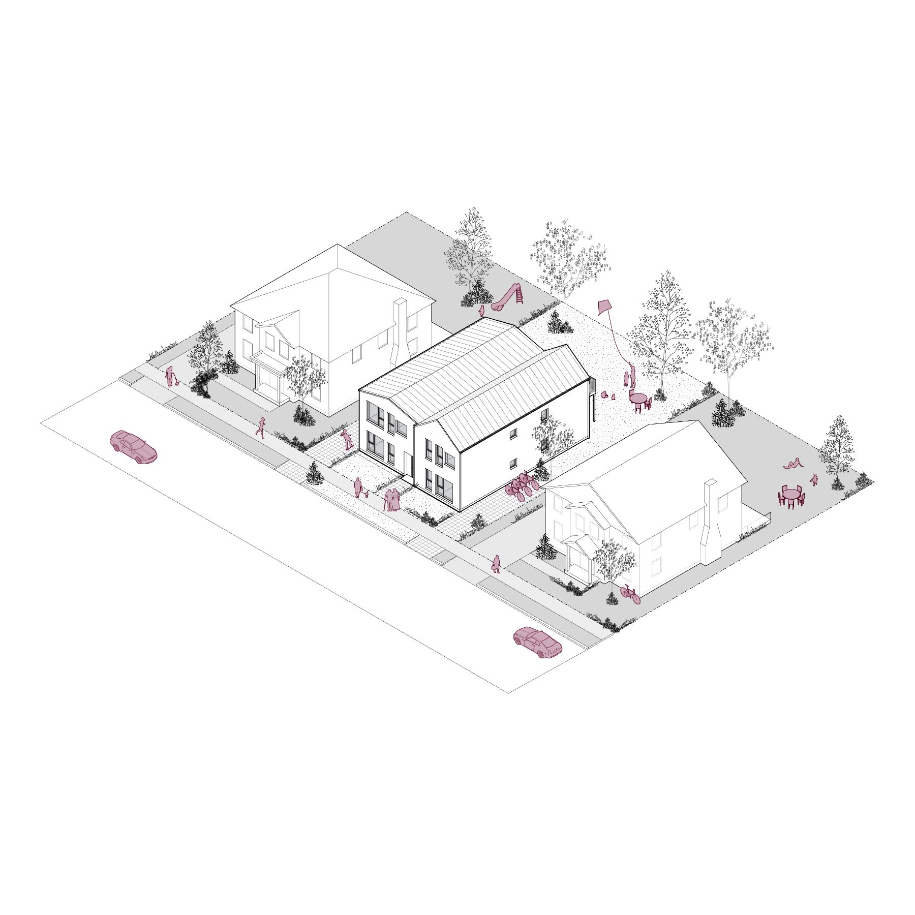 Rendu filaire 3D d’un quadruplex, d’une superficie d’environ 184,2 mètres carrés (1 972 pieds carrés). L’image montre l’intégration de l’immeuble dans un quartier résidentiel.